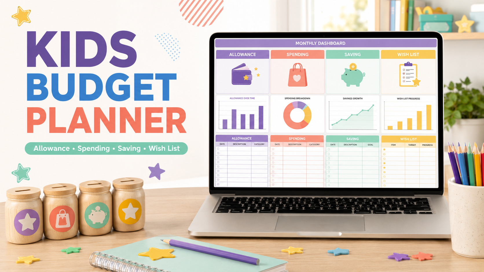 Kids Budget Planner Spreadsheet | Allowance, Spending, Savings & Wish List Tracker