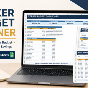 Worker Budget Planner Spreadsheet | Paycheck, Monthly Budget & Work Expense Tracker