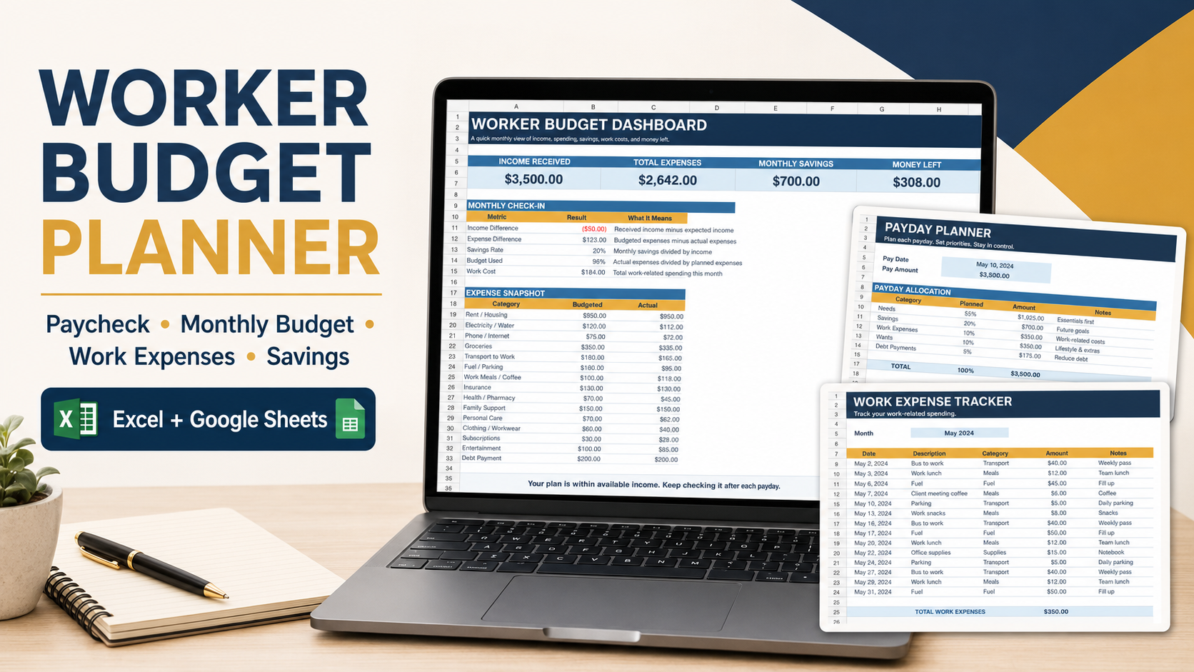 Worker Budget Planner Spreadsheet | Paycheck, Monthly Budget & Work Expense Tracker