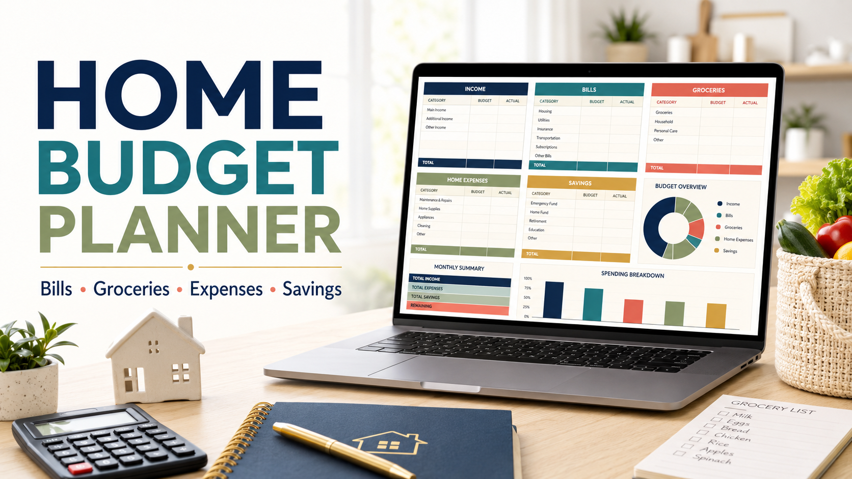 Home Budget Planner Spreadsheet | Household Bills, Groceries, Expenses & Savings Tracker