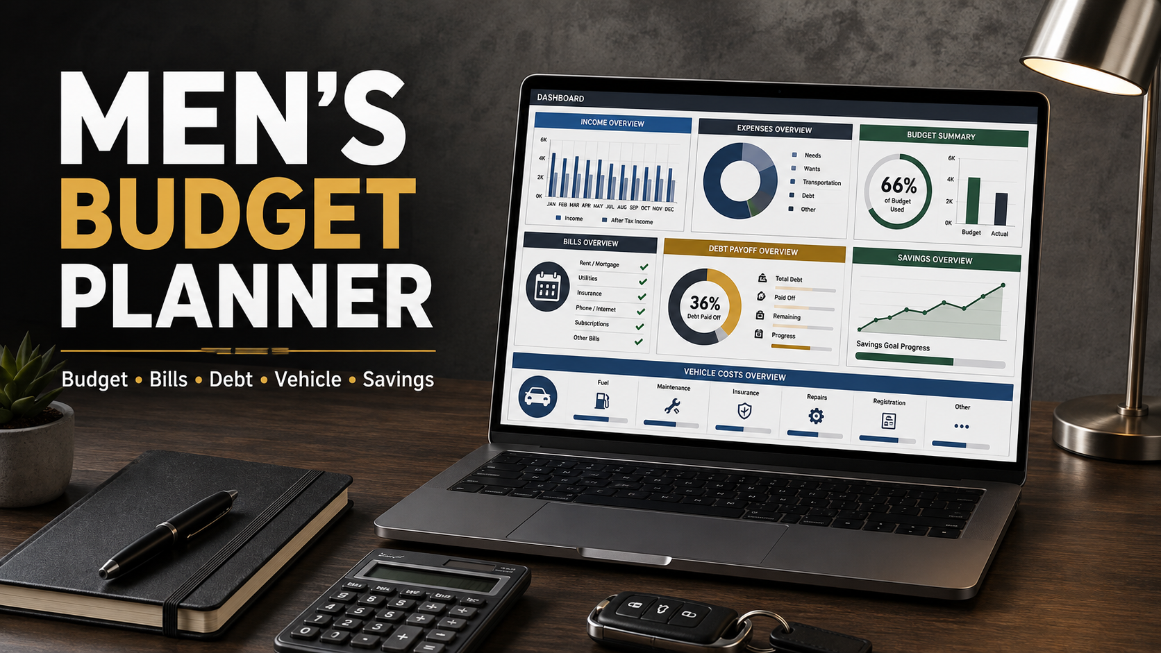 Men’s Budget Planner Spreadsheet | Monthly Budget, Debt, Bills, Vehicle & Savings Tracker