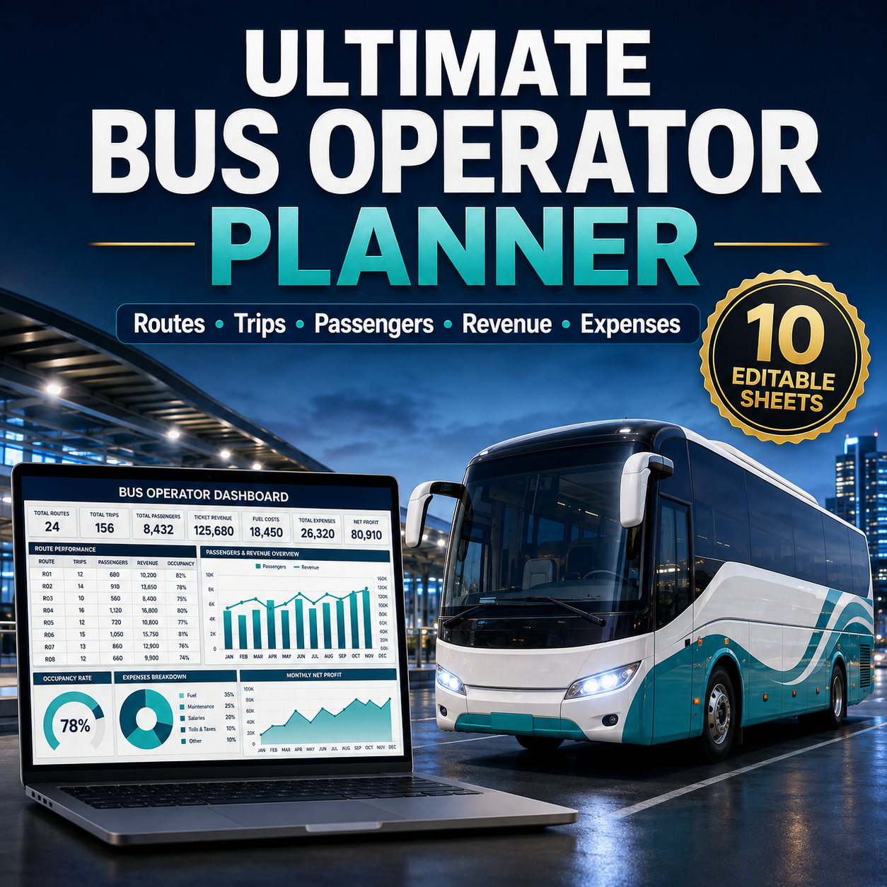 Ultimate Bus Operator Planner Spreadsheet | Routes, Trips, Passengers, Revenue, Fuel & Expenses