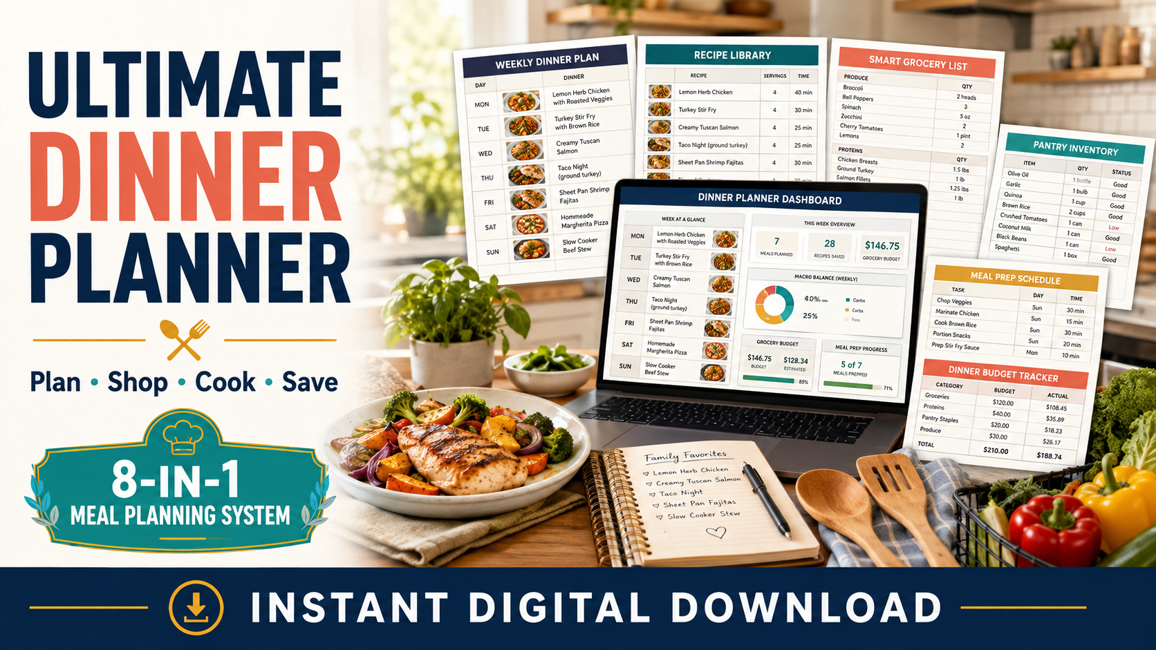 Ultimate Dinner Planner Spreadsheet – Weekly Meals, Recipes, Groceries & Budget
