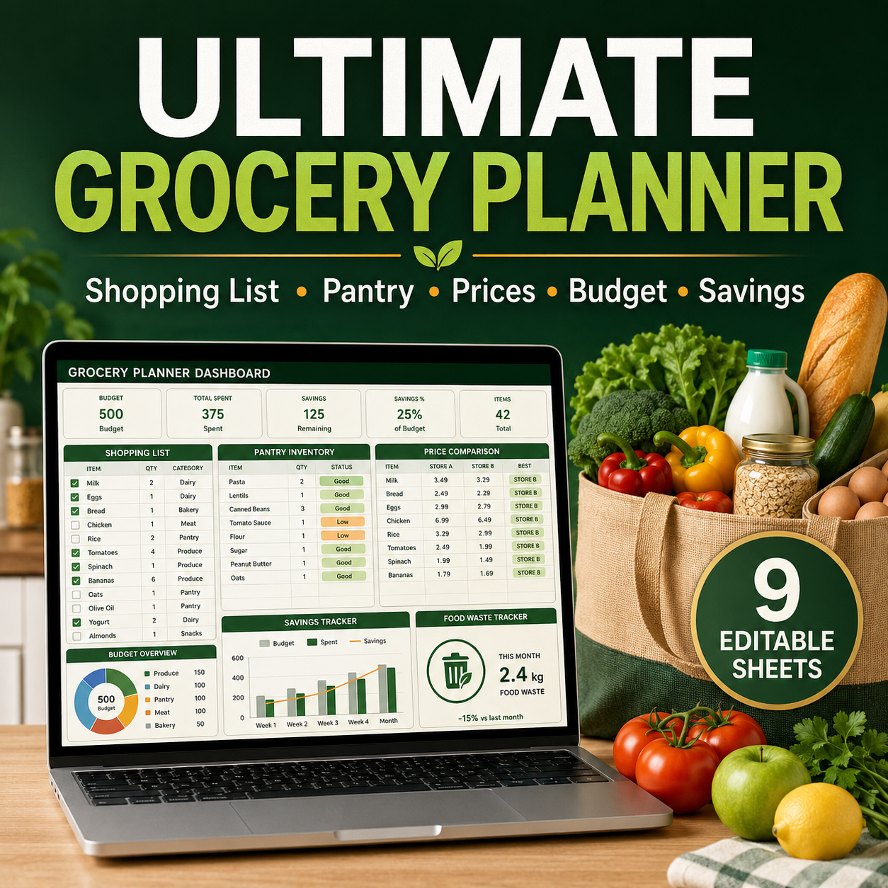 Ultimate Grocery Planner Spreadsheet | Shopping List, Pantry Inventory, Price Comparison & Budget
