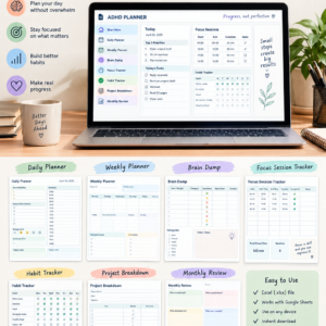ADHD Planner for Google Sheets | Daily, Weekly, Focus & Habit Tracker