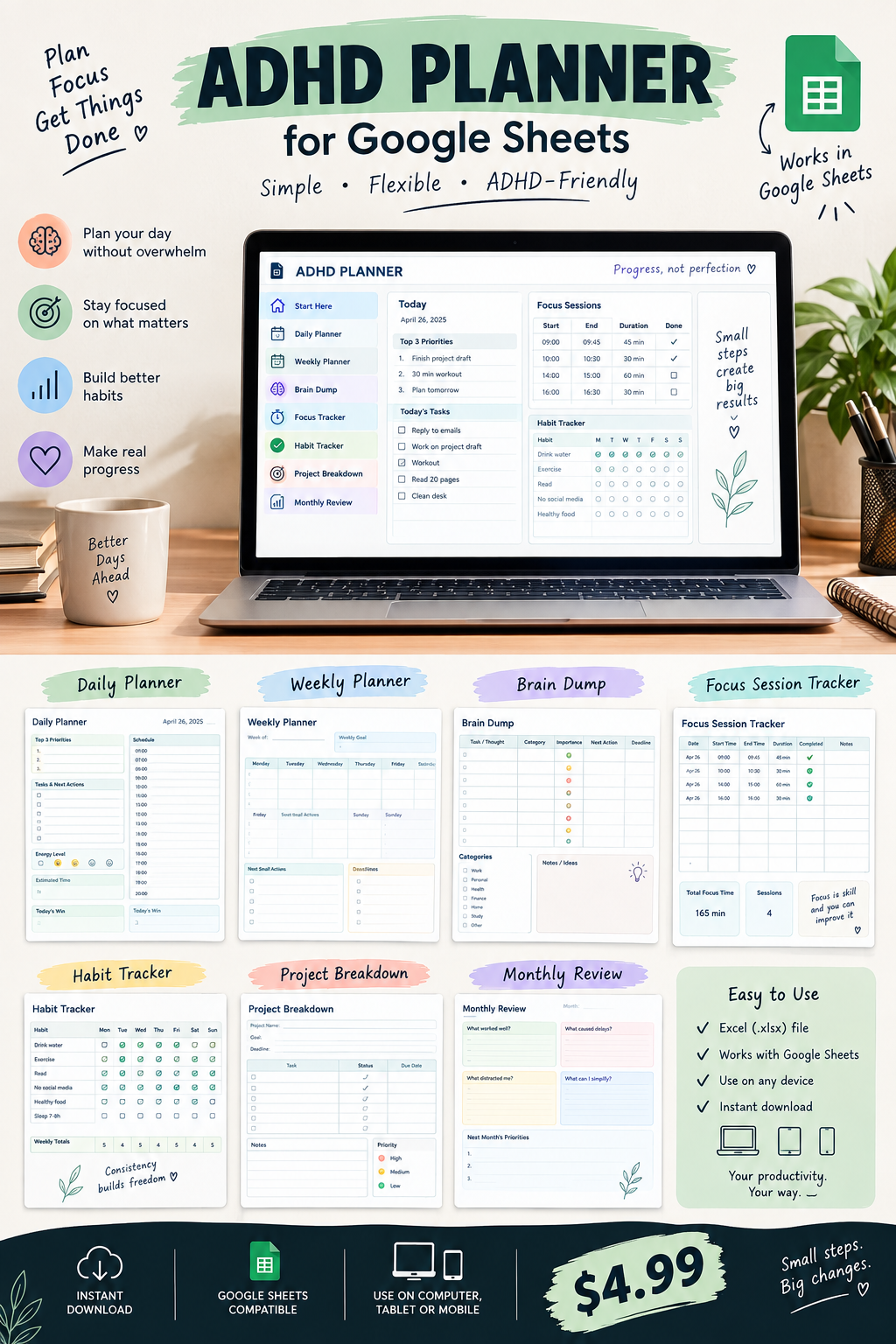 ADHD Planner for Google Sheets | Daily, Weekly, Focus & Habit Tracker