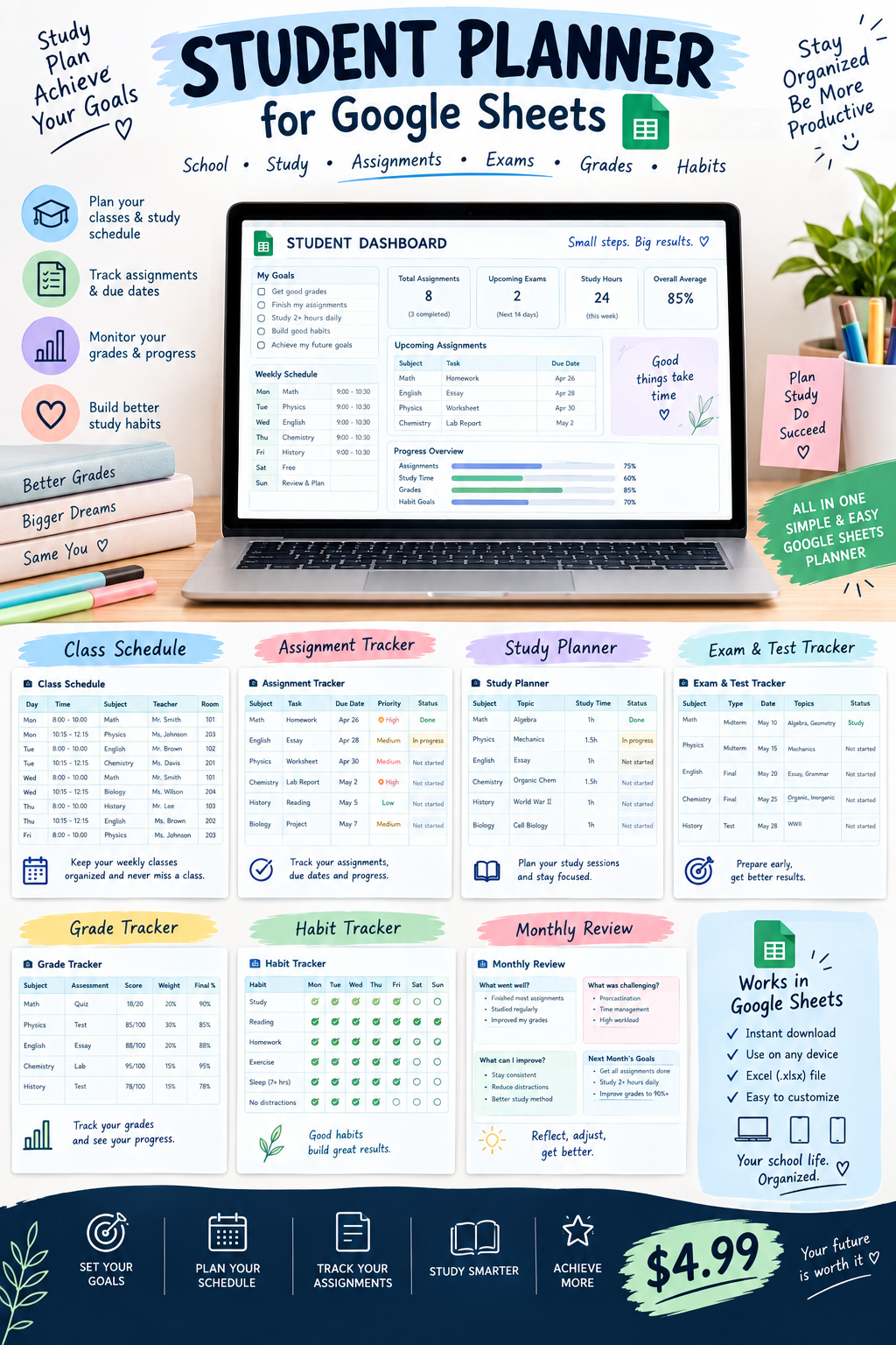 Student Planner for Google Sheets | School, Study, Assignment & Exam Tracker