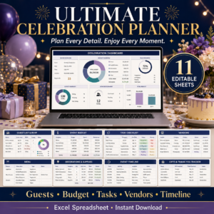 Ultimate Celebration Planner Spreadsheet | Guest List, Budget, Tasks, Vendors & Party Planning