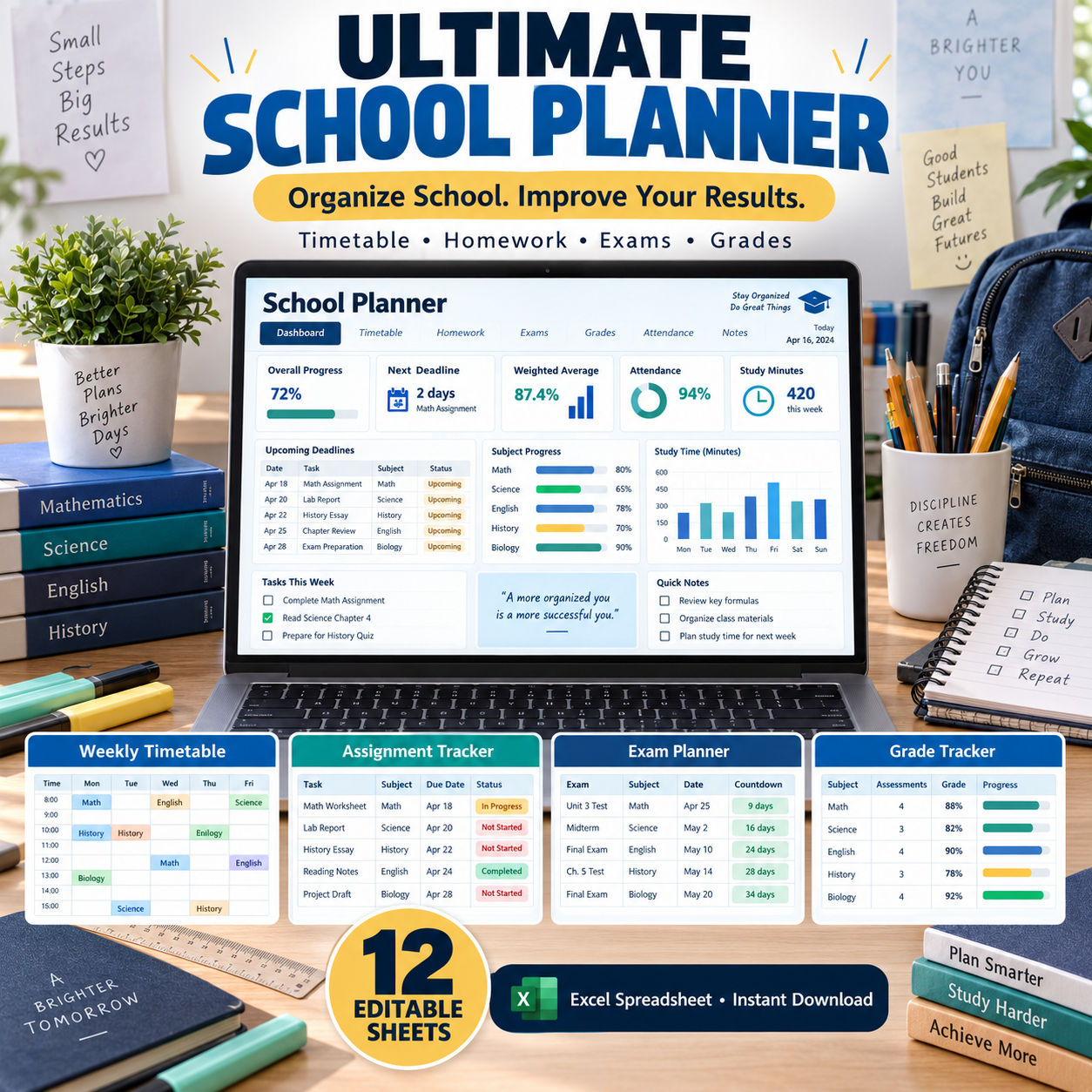 Ultimate School Planner Spreadsheet | Timetable, Homework, Assignments, Exams & Grades