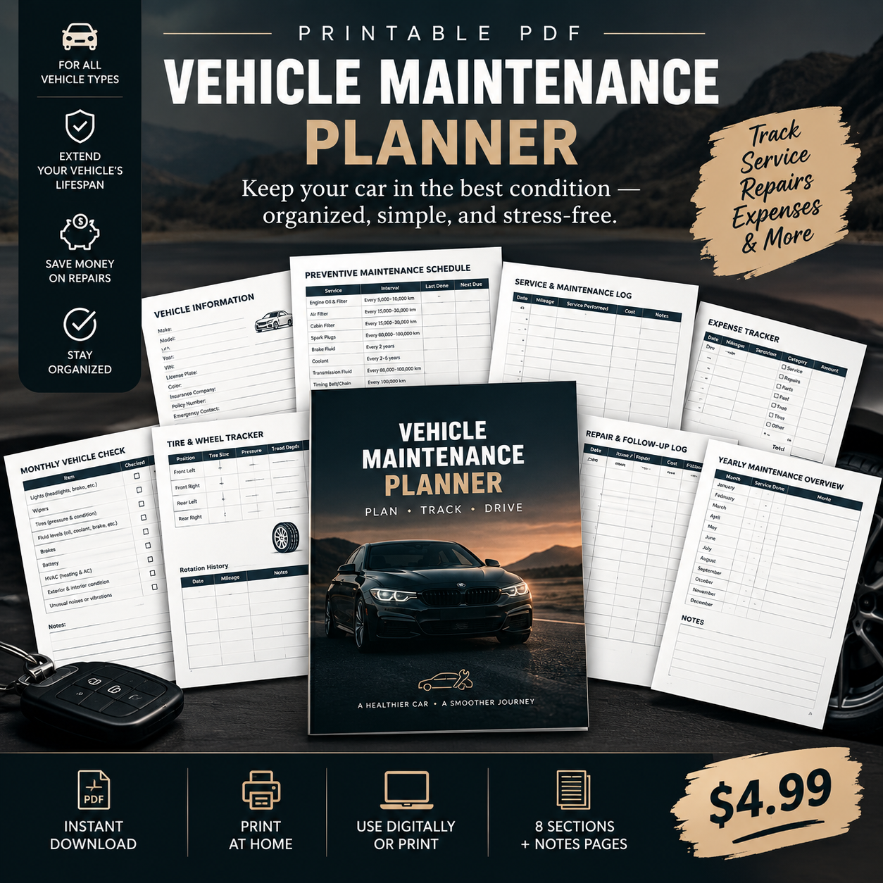 Vehicle Maintenance Planner | Car Service & Repair Log | Printable PDF
